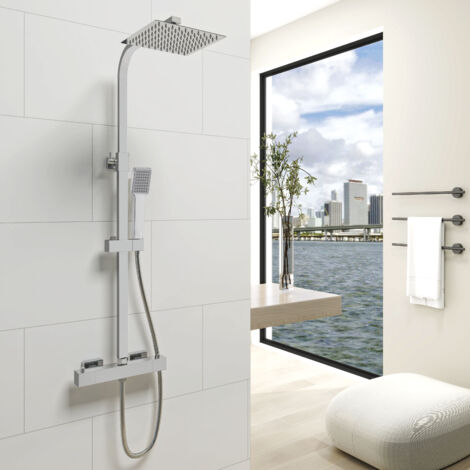 AICA Modern Square Chrome Exposed Thermostatic Mixer Shower Set With Shower Head and Handheld