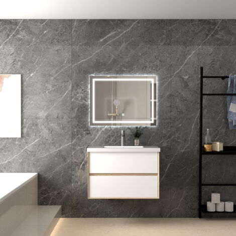 AICA Mueble de baño con lavabo suspendido con 2 cajones ,Color blanco y roble,79 x 46 x 52 cm