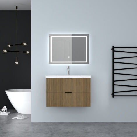 AICA Mueble de baño con lavabo suspendido con 2 cajones ,Color Nogal,79 x 46 x 52 cm