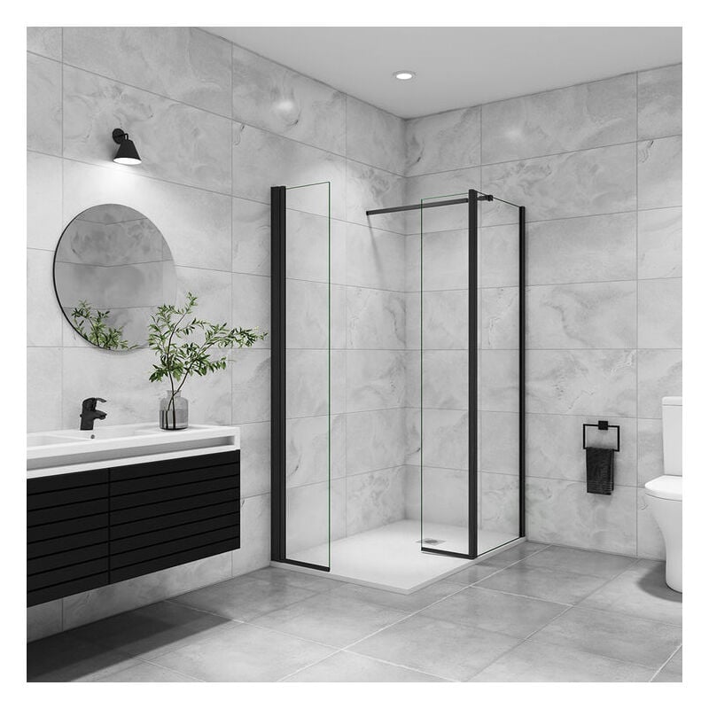 AICA paroi de douche avec retour pivotant 70+40x200cm avec une barre extensible paroi de douche pivotante 45x200cm profil en Noir mat