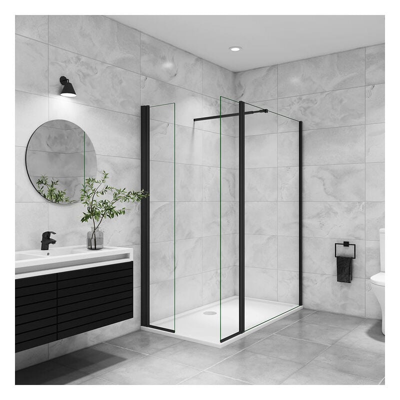 Aica paroi de douche avec retour pivotant 110+40x200cm avec une barre extensible paroi de douche pivotante 45x200cm profil en Noir mat