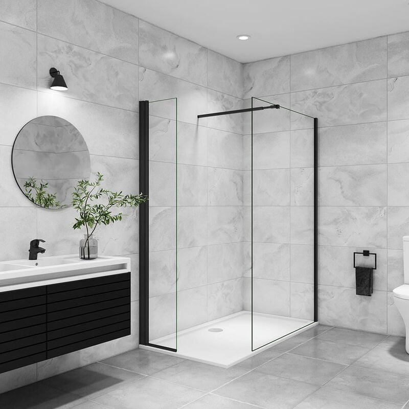 Aica paroi de douche à l'italienne 140x200cm avec une barre de fixation paroi de douche pivotante 45x200cm profil noir