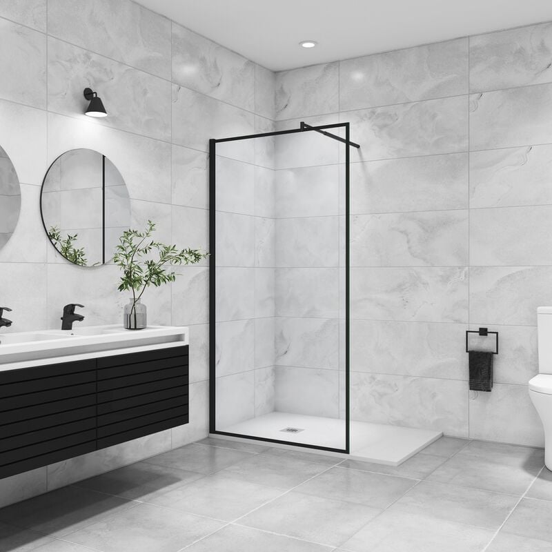 Aica Sanitaire - aica paroi de douche noire 80x200cm en 8mm verre anticalcaire avec barre de fixation extensible en cylindrique
