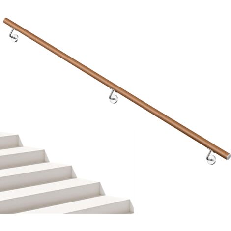 AICA Pasamanos de acero inoxidable 304 acabado madera marrón, 220 cm con 3 soportes, Interior y Exterior