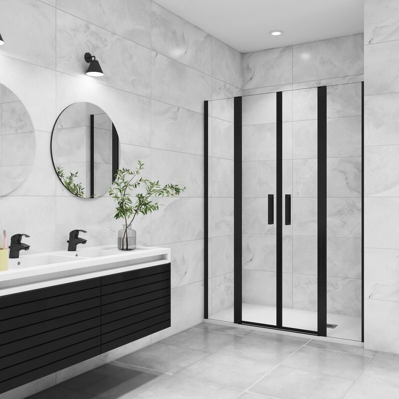 Aica porte de douche battante 155x200cm avec 2 éléments fixes Profilé noir mat Porte de douche Hauteur 200cm en verre anticalcaire