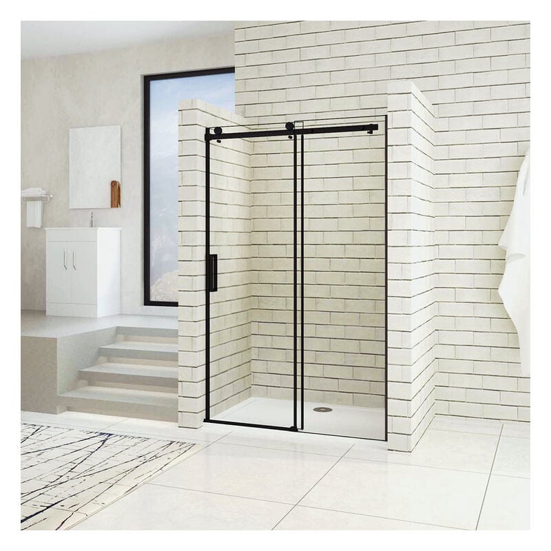 Aica Sanitaire - aica porte de douche noire coulissante 140x200cm porte de douche coulissante noir en 8mm verre anticalcaire