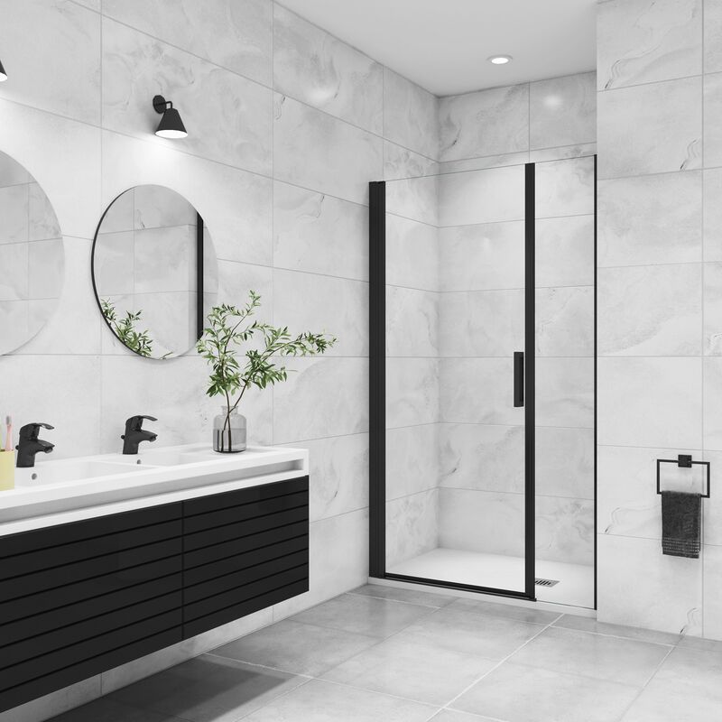 Aica porte de douche pivotante 120x200cm avec un élément fixe Porte de douche noire Hauteur 200cm en 8mm verre anticalcaire