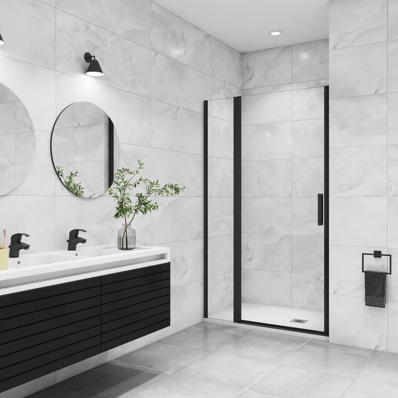 Aica porte de douche pivotante 110x200cm avec un élément fixe Profilé noir mat Porte de douche Hauteur 200cm en verre anticalcaire