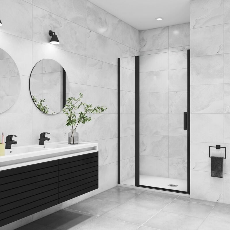 Aica porte de douche pivotante 120x200cm avec un élément fixe Profilé noir mat Porte de douche Hauteur 200cm en verre anticalcaire