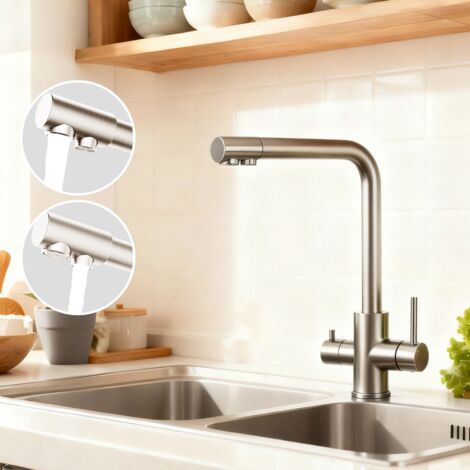 AICA Robinet de Cuisine Brossé 3 Voies avec Filtre à Eau Potable Design 2 Leviers pour Doubles Éviers Pivotant à 360°