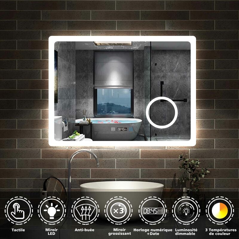 80cmx60cm avec + Horloge numérique + 3 couleurs led réglables + anti-buée + Miroir grossissant - Aica Sanitaire