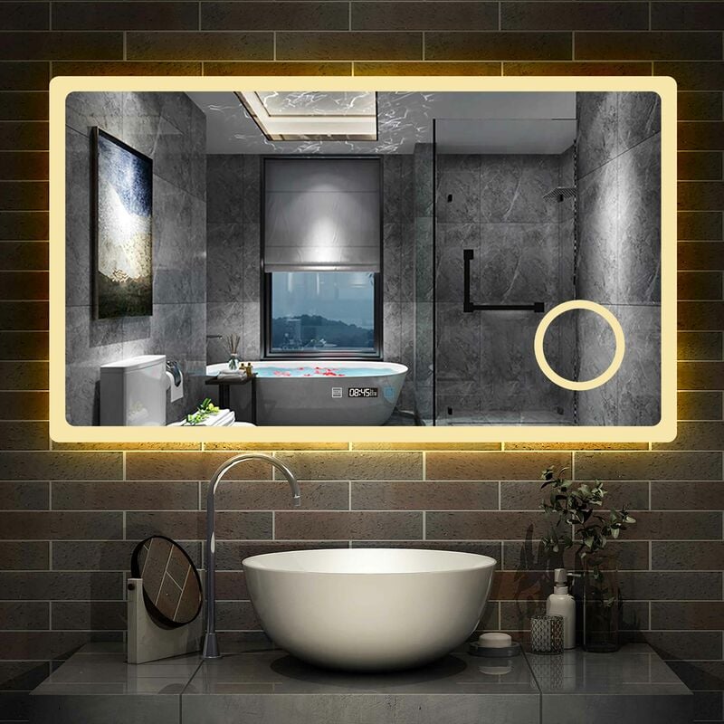 120cmx70cm avec + Horloge numérique + 3couleurs led réglables + anti-buée + Miroir grossissant - Aica Sanitaire