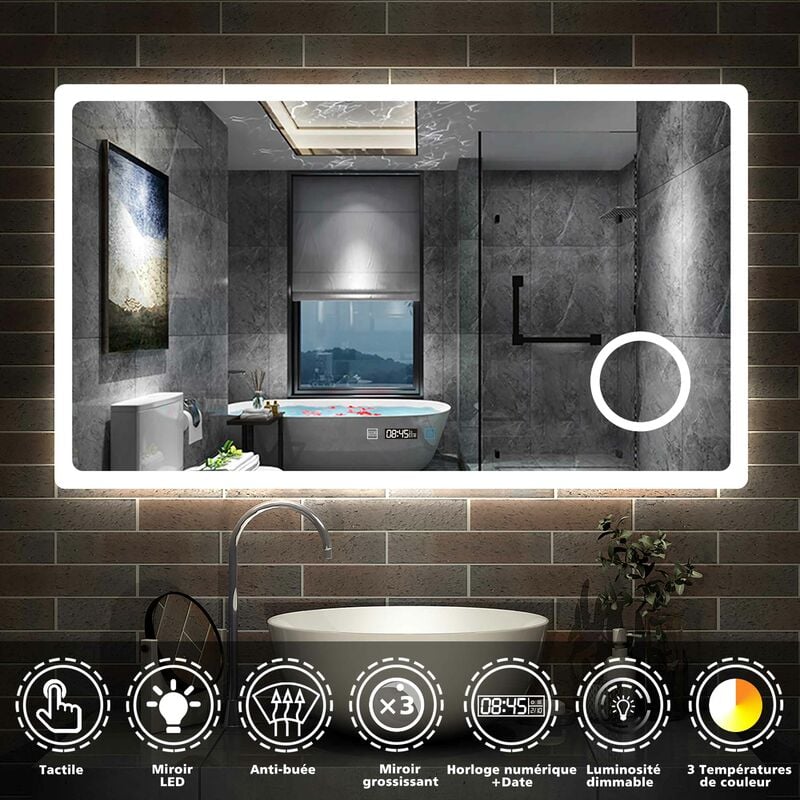 Aica Sanitaire - 140cmx80cm avec + Horloge numérique + 3couleurs led réglables + anti-buée + Miroir grossissant