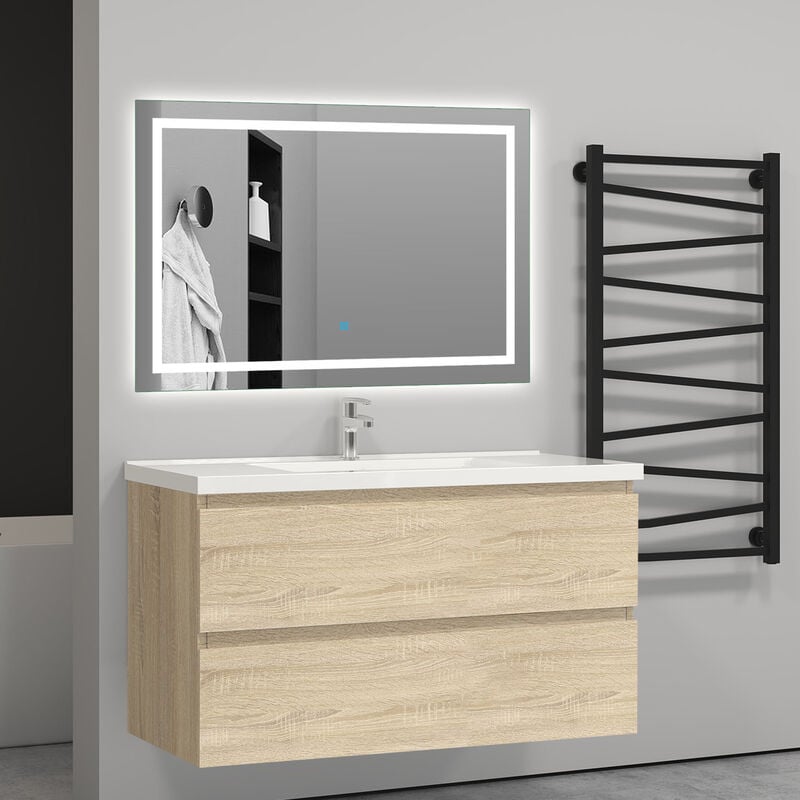 99(L)x44.5(P)x52(H)cm Meuble salle de bain naturel avec 2 tiroirs à une fermeture amortie avec une vasque à suspendre - Aica Sanitaire
