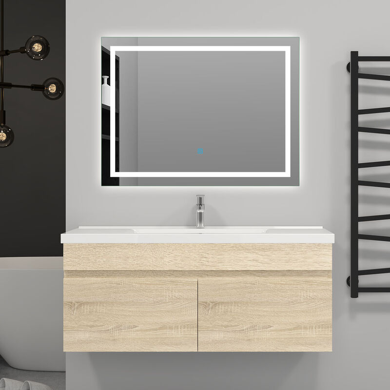 Aica Sanitaire - 99(L)x45(W)x40cm(H)cm Meuble salle de bain naturel 2 portes avec une vasque à suspendre