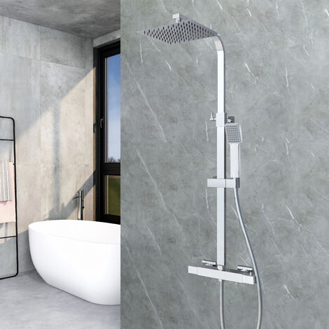 Aica Sanitaire – Colonne de douche thermostatique – Mitigeur carré – Pommeau en acier inoxydable 20x20cm – Flexible inox 1500mm – Hauteur réglable 800-1200mm
