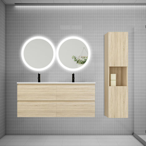 AICA sanitaire Ensemble meuble double vasque L.120cm 4 tiroirs + lavabo + 2LED miroirs rond 60cm + colonne C chêne aica