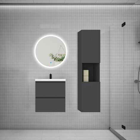 AICA sanitaire Ensemble meuble vasque L.50cm 2 tiroirs + lavabo + LED miroir rond 60cm + colonne anthracite