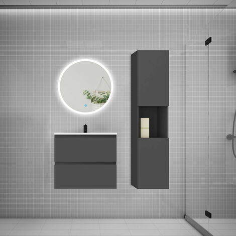 AICA sanitaire Ensemble meuble vasque L.60cm 2 tiroirs + lavabo + LED miroir rond 60cm + colonne anthracite