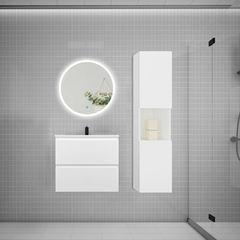 AICA sanitaire Ensemble meuble vasque L.60cm 2 tiroirs + lavabo + LED miroir rond 60cm + colonne blanc