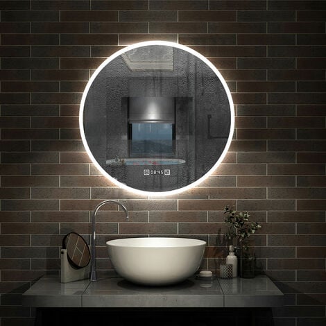 60/70/80cm Horloge LED rond miroir de salle de bain tricolore tactile avec anti-buée