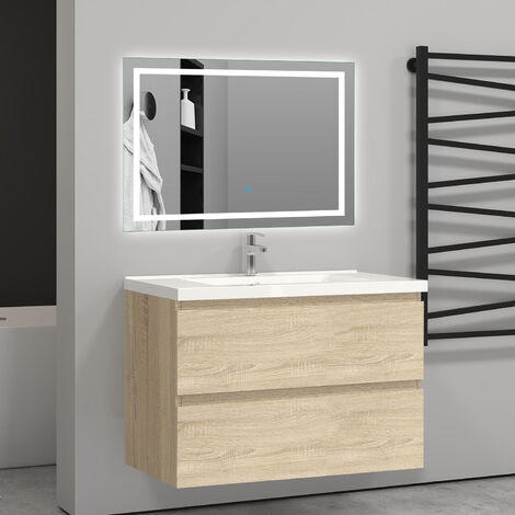 Aica Sanitaire – Meuble salle de bain 79x44.5x52cm avec vasque à suspendre – 2 tiroirs à fermeture amortie – MDF écologique – Montage facile