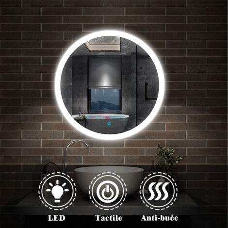 Aica Sanitaire – Miroir lumineux de salle de bain rond 60cm – Éclairage LED 36W – Interrupteur tactile IP44 – Design moderne et anti-buée