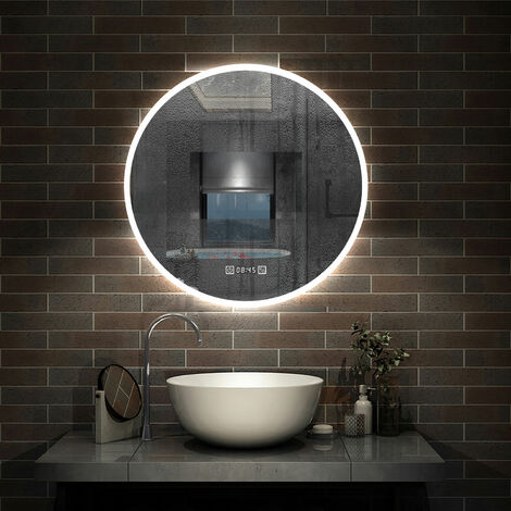 Aica Sanitaire – Miroir lumineux rond 70x70cm avec horloge LED tricolore – Fonction anti-buée – Installation facile – Aluminium et verre sans mercure