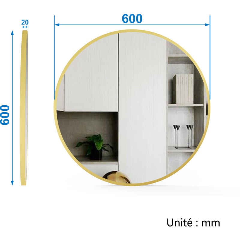 Aica Sanitaire - Miroir rond d'or mat encadré suspendu horizontalement 6060cm