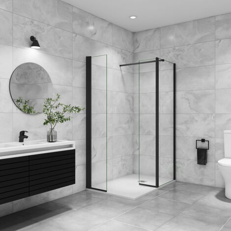 Aica Sanitaire – Paroi de douche pivotante 60+40x200cm – Verre de sécurité 8mm – Aluminium noir mat – Barre extensible 73-120cm – Accès facile 180°