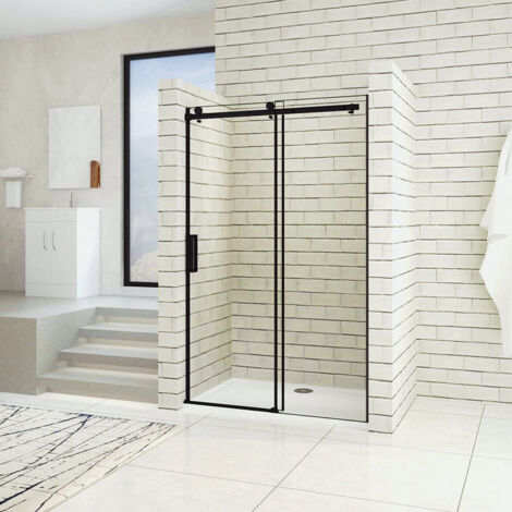 Aica Sanitaire – Porte de douche coulissante 100x200cm – Verre de sécurité 8mm anticalcaire – Aluminium noir mat – Installation en niche