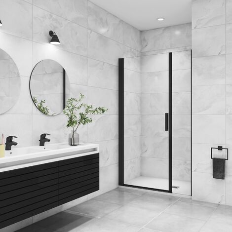 Aica Sanitaire – Porte de douche pivotante 120x200cm – Élément fixe – Verre sécurité 8mm anticalcaire – Finition noire mate – Installation en niche