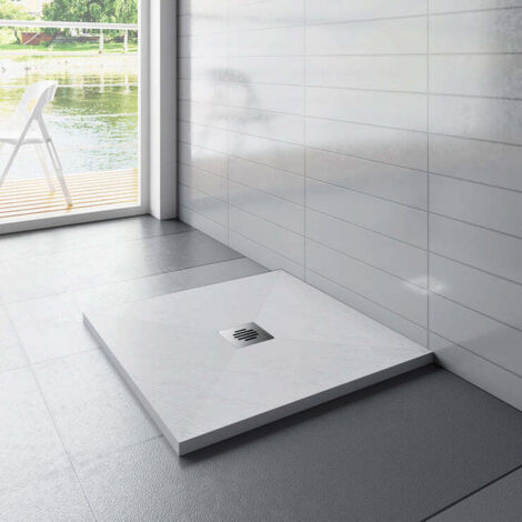 Aica Sanitaire – Receveur de douche carré 80 x 80 cm – Marbre minéral et résine mixte – Surface antidérapante – Pente intégrée pour drainage efficace
