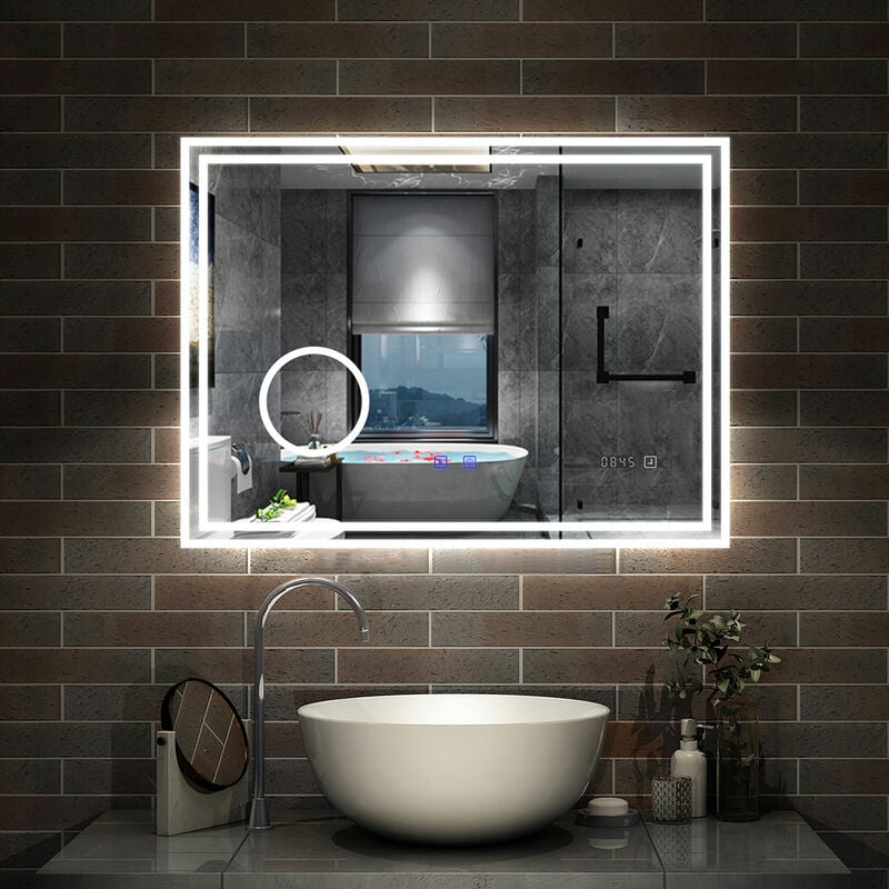 Aica Sanitaire - Simple Bluetooth led miroir de salle de bain tricolore tactile avec anti-buée et horloge et miroir grossissant 3x, suspendu