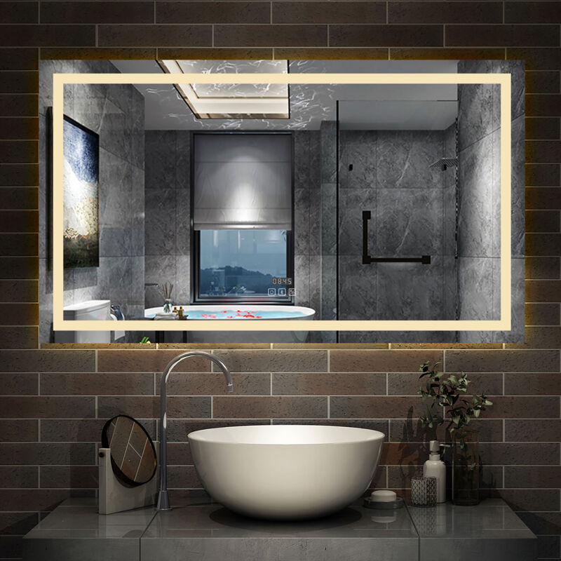 Aica Sanitaire - Simple Bluetooth led miroir de salle de bain tricolore tactile avec anti-buée et horloge 120x70cm