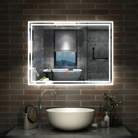 AICA sanitaire Simple Bluetooth LED miroir de salle de bain tricolore tactile avec antibuée et horloge, 100x60cm horizontalement