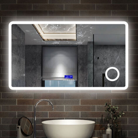 AICA - Specchio con led 120X70cm.Bluetooth + Ingrandimento 3X + orologio + Antiappannamento