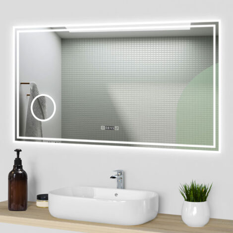 Aica Specchio da bagno a LED, 120x70cm, orologio, Lente d'ingrandimento, 3 Temperature di Colore