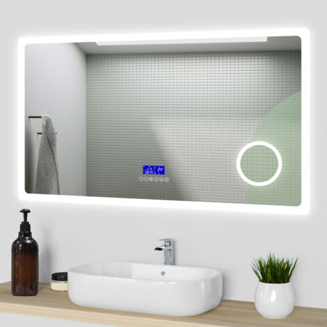 Aica Specchio da bagno a LED, 140x80cm, Bluetooth, Lente d'ingrandimento, 3 Temperature di Colore