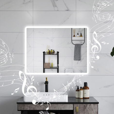 Aica SPECCHIO DA BAGNO A LED CON BLUETOOTH 80 X 60 CM, 3 COLORI DI LUCE REGOLABILI, TASTI A SFIORAMENTO
