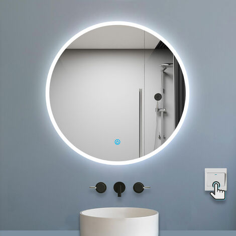 AICA Specchio da bagno a LED, specchio da trucco, montaggio a parete, anti nebbia, Regolabile 3 LED di colore, IP44 impermeabile+verticale e orizzontale, rotondo 80 x 80 cm