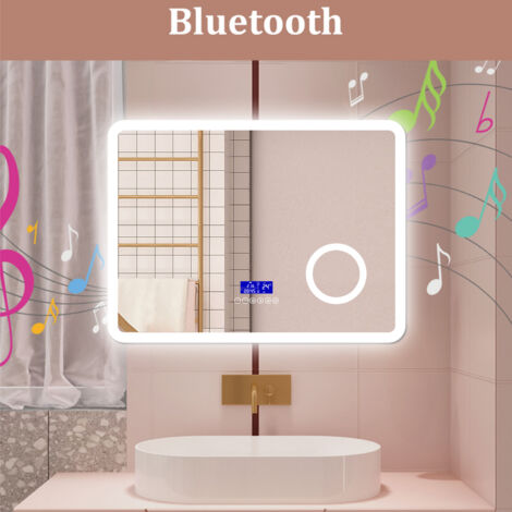 AICA SPECCHIO DA BAGNO BLUETOOTH 80X60CM CON ANTIAPPANNAMENTO + DIMMERABILE + 3 COLORI + INGRANDIMENTO 3X