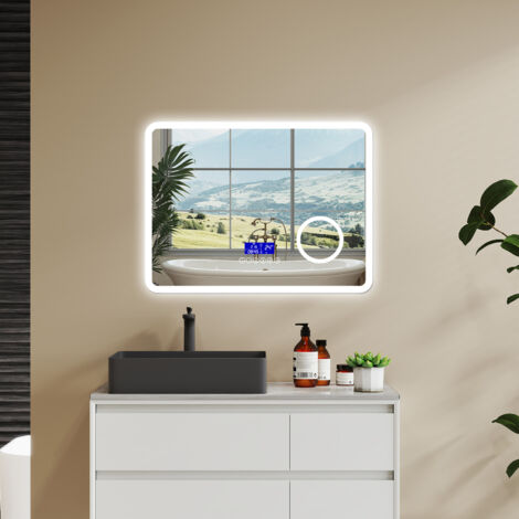 AICA SPECCHIO DA BAGNO BLUETOOTH 80X60CM CON ANTIAPPANNAMENTO + DIMMERABILE + 3 COLORI + INGRANDIMENTO 3X