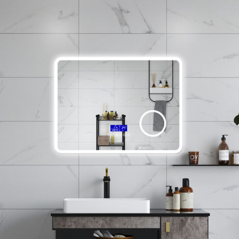 Aica SPECCHIO DA BAGNO BLUETOOTH 80X60CM CON ANTIAPPANNAMENTO + DIMMERABILE + 3 COLORI + INGRANDIMENTO 3X