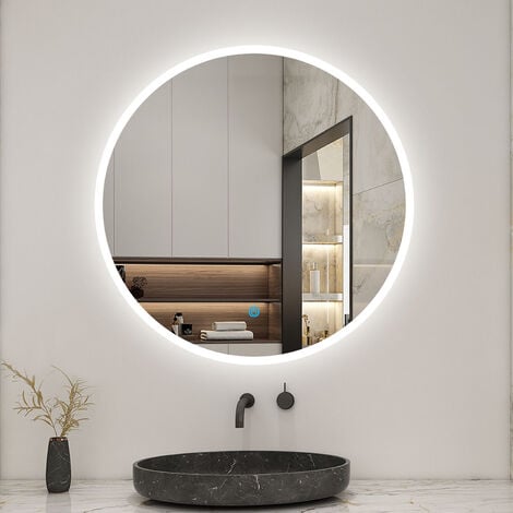 Heilmetz Specchio led rotondo 80 cm di diametro,Specchio da bagno rotondo  LED con interruttore a sfioramento + antiappannamento + orologio :  : Casa e cucina
