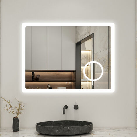 AICA Specchio da Bagno da Parete Touch, Specchio da Bagno Illuminato a LED 80 x 60cm, Luce tricolore regolabile, Bluetooth, lente d'ingrandimento