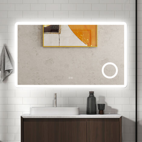 AICA Specchio da bagno rettangolare 100x60cm con Luce LED,Bluetooth，ingrandimento 3X,Antiappannamento,3 colori e luminosità regolabil, Funzione Memoria, IP44