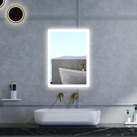 AICA Specchio da bagno rettangolare 50x70cm con LED, Antiappannamento,3 colori temperatura e luminosità regolabili, Funzione Memoria,IP44