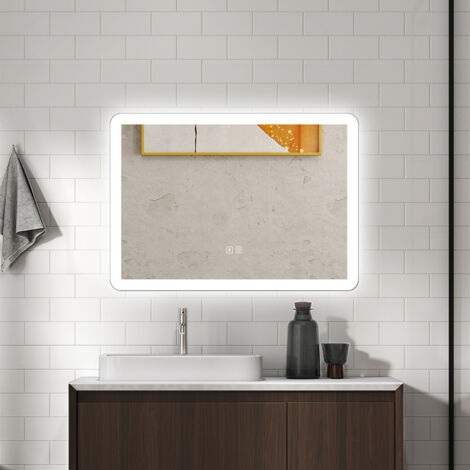 AICA Specchio da bagno rettangolare 70x50cm con LED,Bluetooth,Antiappannamento, 3 colori temperatura e luminosità regolabili, Funzione Memoria,IP44