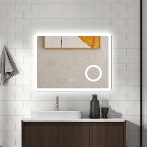 AICA Specchio da bagno rettangolare 80x60cm con Luce LED,Bluetooth，ingrandimento 3X,Antiappannamento,3 colori e luminosità regolabil, Funzione Memoria, IP44